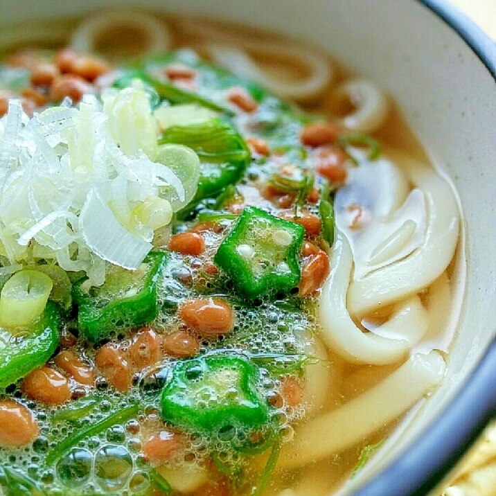 ネバネバ☆めかぶ、オクラ、納豆の温かい関西風うどん